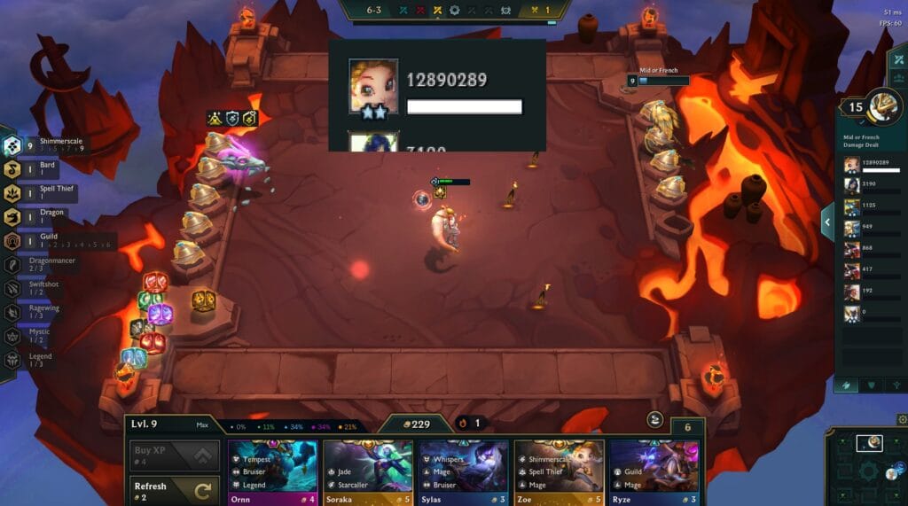 Screenshot from Teamfight Tactics, displaying the game board with units placed on the battlefield, highlighting the layout of champions, items, and available resources in the current round.