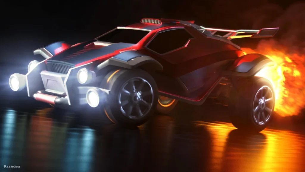 Close-up of the ZSR (Zippy Sports Racer) car from Rocket League, featuring its sleek, aerodynamic design and sharp edges, built for speed and precision on the field.
