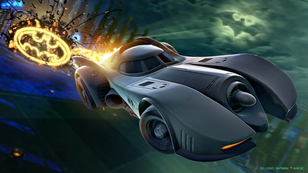 Close-up of the Batmobile from Rocket League, showcasing its iconic, futuristic design and unique features, bringing the legendary superhero vehicle to the game.