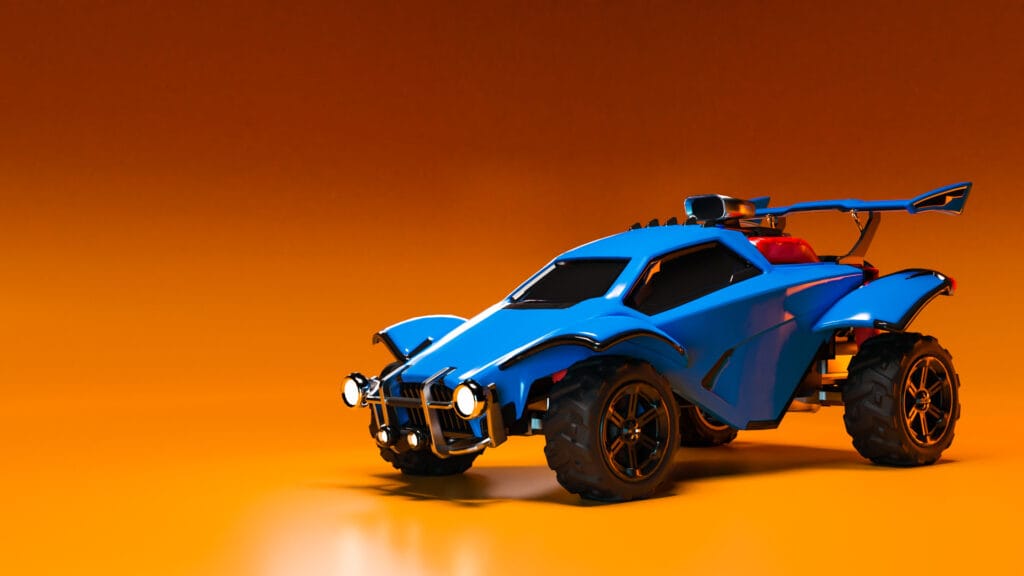 Close-up of the Octane car from Rocket League, highlighting its sleek design and iconic shape, known for its versatility and agility on the field.