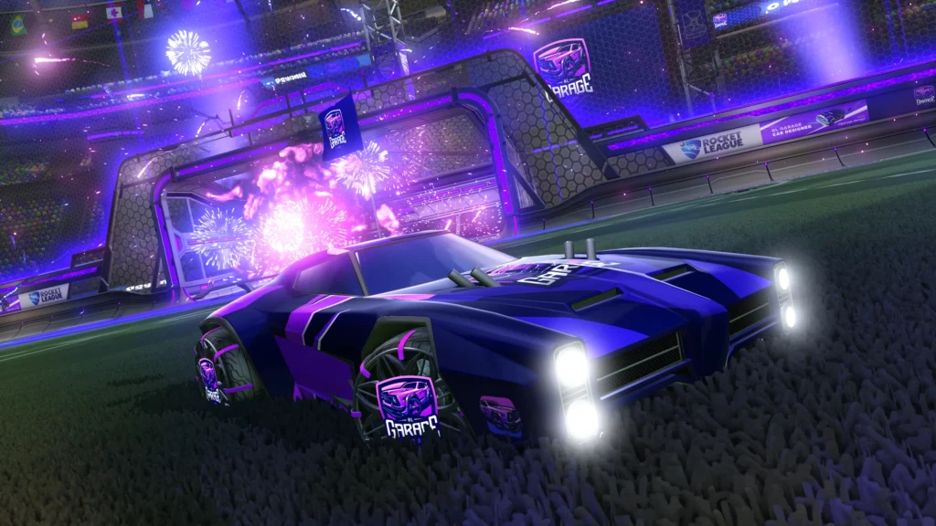 Close-up of the Dominus car from Rocket League, featuring its sleek, low-profile design and powerful performance, popular for its control and striking appearance.