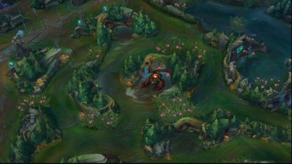 Screenshot from League of Legends, showing the jungle area with neutral camps, paths, and vision control, emphasizing the strategic opportunities for roaming and jungle farming.