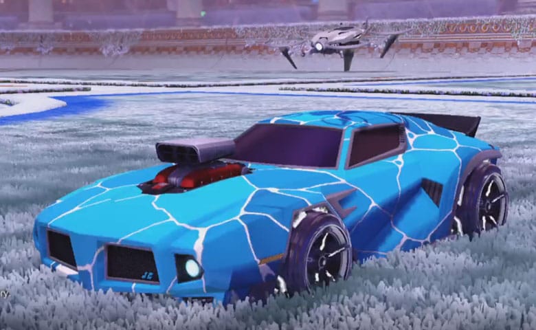 Close-up of the Dominus car in Rocket League, showcasing its sleek and aggressive design, known for its flat, long body shape, ideal for precise hits and competitive gameplay.