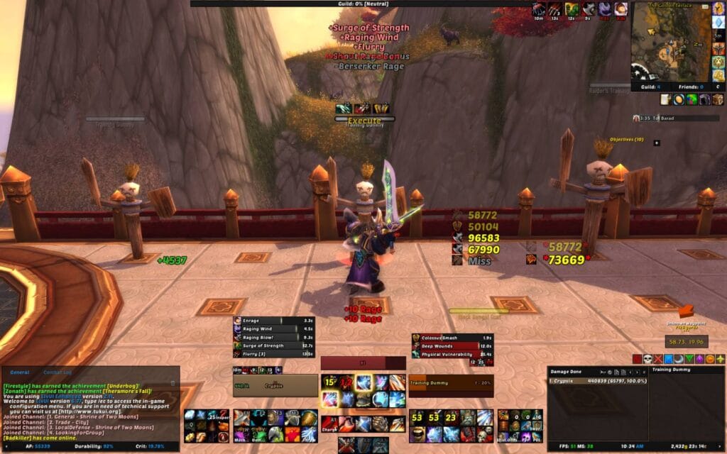 Screenshot from World of Warcraft, showcasing the ElvUI interface, with its sleek and customizable UI design, highlighting player health bars, action bars, and other elements tailored for a streamlined gameplay experience.