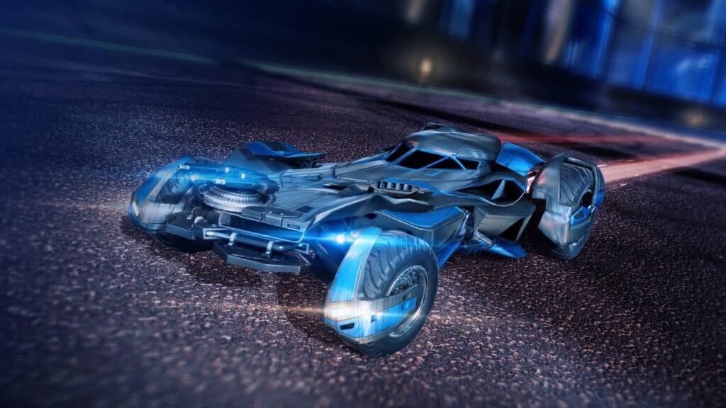Close-up of the Batmobile in Rocket League, featuring its sleek, futuristic design inspired by the iconic vehicle from the Batman series, offering a unique, low-profile body for precision gameplay.