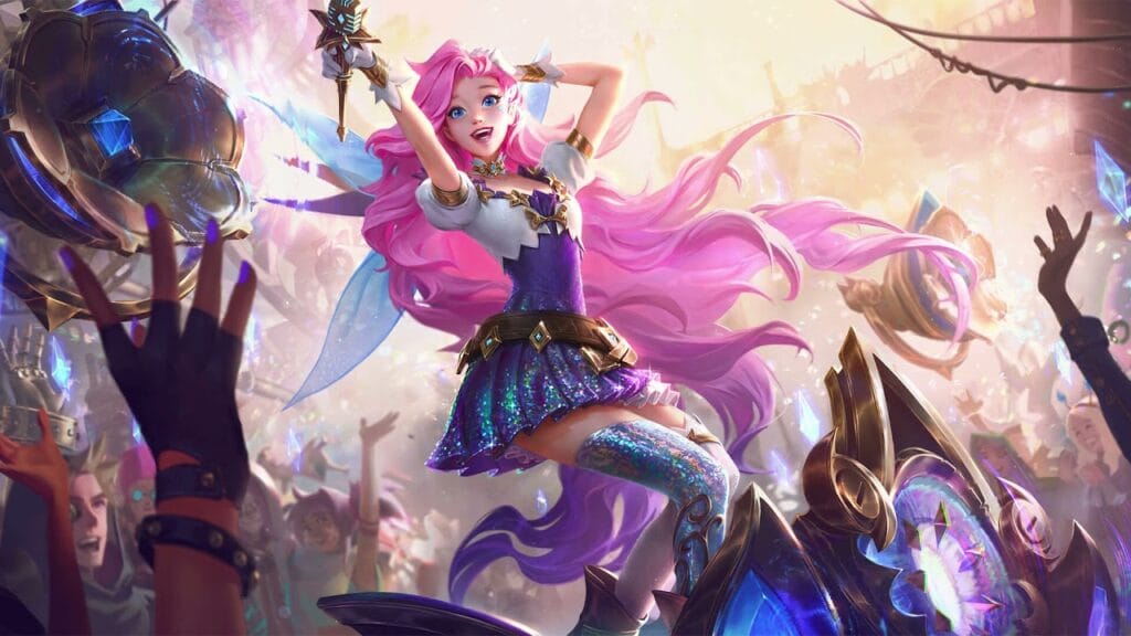 Artwork of Seraphine, The Multi-Purpose Mage from Wild Rift, featuring her vibrant, musical design with glowing notes and magical effects, emphasizing her role as a versatile support and damage dealer.