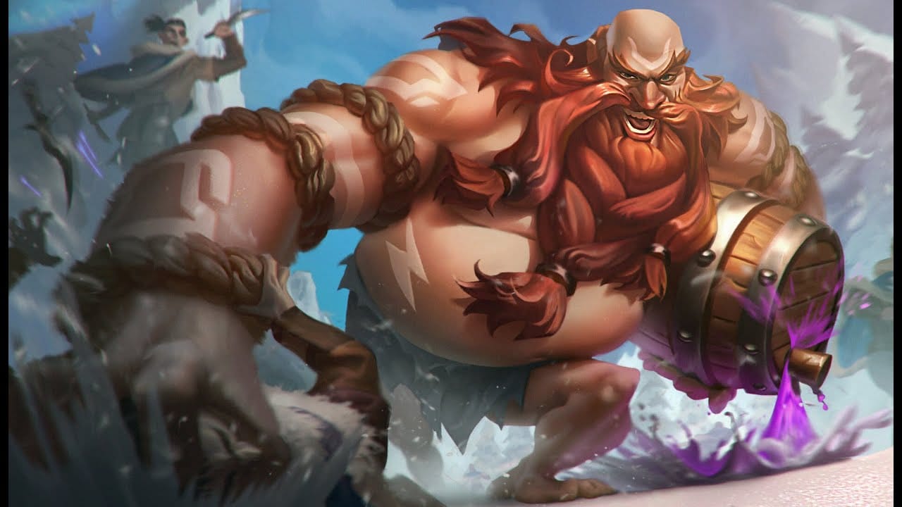 Artwork of Gragas, The Versatile Brawler from Wild Rift, showcasing his robust design with a large barrel, ready for action, embodying his role as a tanky support and disruptor.