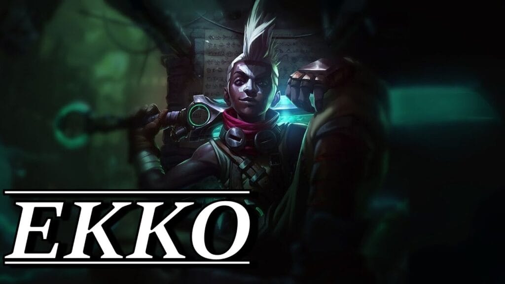 Artwork of Ekko, The Elusive Assassin from Wild Rift, showcasing his sleek, dynamic design with a time-manipulating device, emphasizing his agility and ability to outmaneuver opponents.