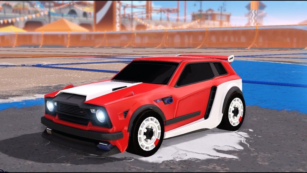 Close-up of the Fennec car in Rocket League, showcasing its small, boxy design with a sharp front end, favored for its precision handling and control during aerials and dribbles.