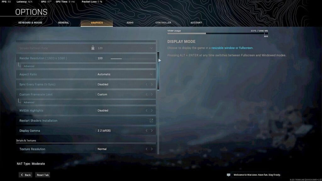 Call of Duty game settings menu displaying graphics and control options.