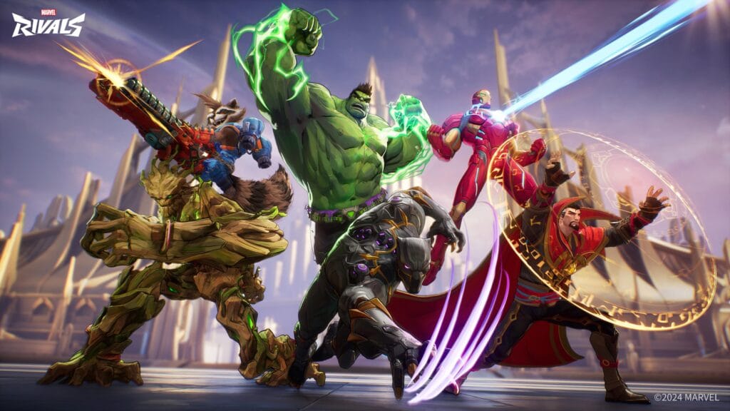 A group of heroes in Marvel Rivals, showcasing diverse characters with unique abilities ready for battle.