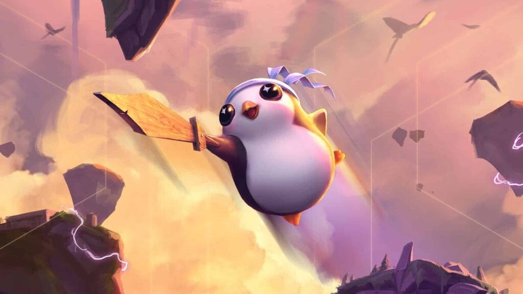 Screenshot from Teamfight Tactics, featuring Featherknight, the penguin logo character, carrying a spatula, representing the unique item used to create powerful synergies and items in the game.