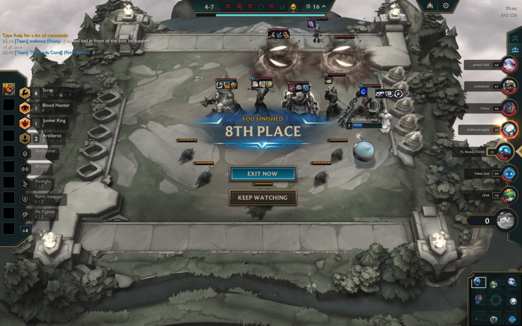 Image showing a player placing 8th in TFT after using the Open Forting strategy, intentionally losing early rounds to gain a loss streak bonus.