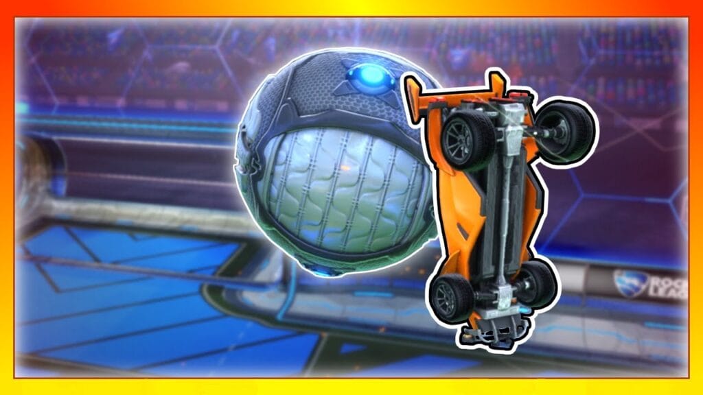 Rocket League player performing a flick, jumping and directing the ball across the arena to outmaneuver opponents.