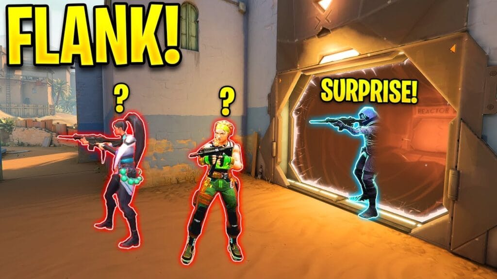Thumbnail of a YouTube video showcasing the strategy of flanking in Valorant, highlighting the concept of attacking from behind or the sides to surprise enemies.
