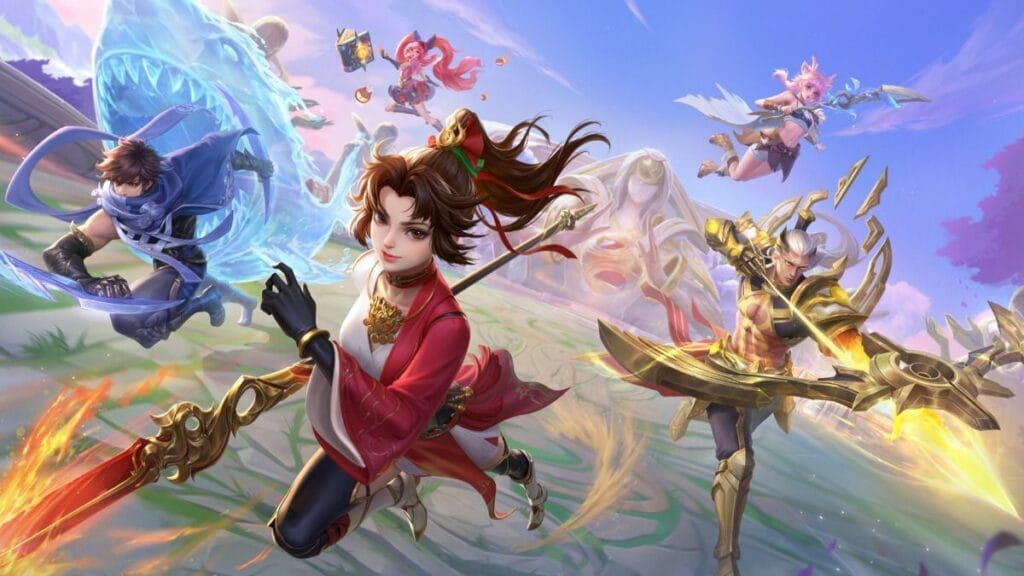 Mai Shiranui in the forefront, with a group of Honor of Kings heroes in the background, showcasing the game's diverse characters and their unique abilities in combat.